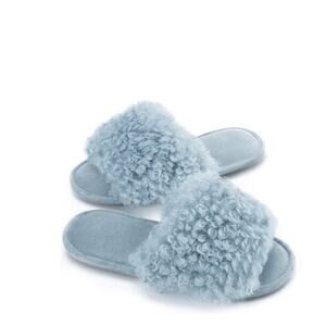 Memory Foam Open Toe Slippers Blue Gray Women’s 7 – 8 Cozy Fur Non-Slip NWT